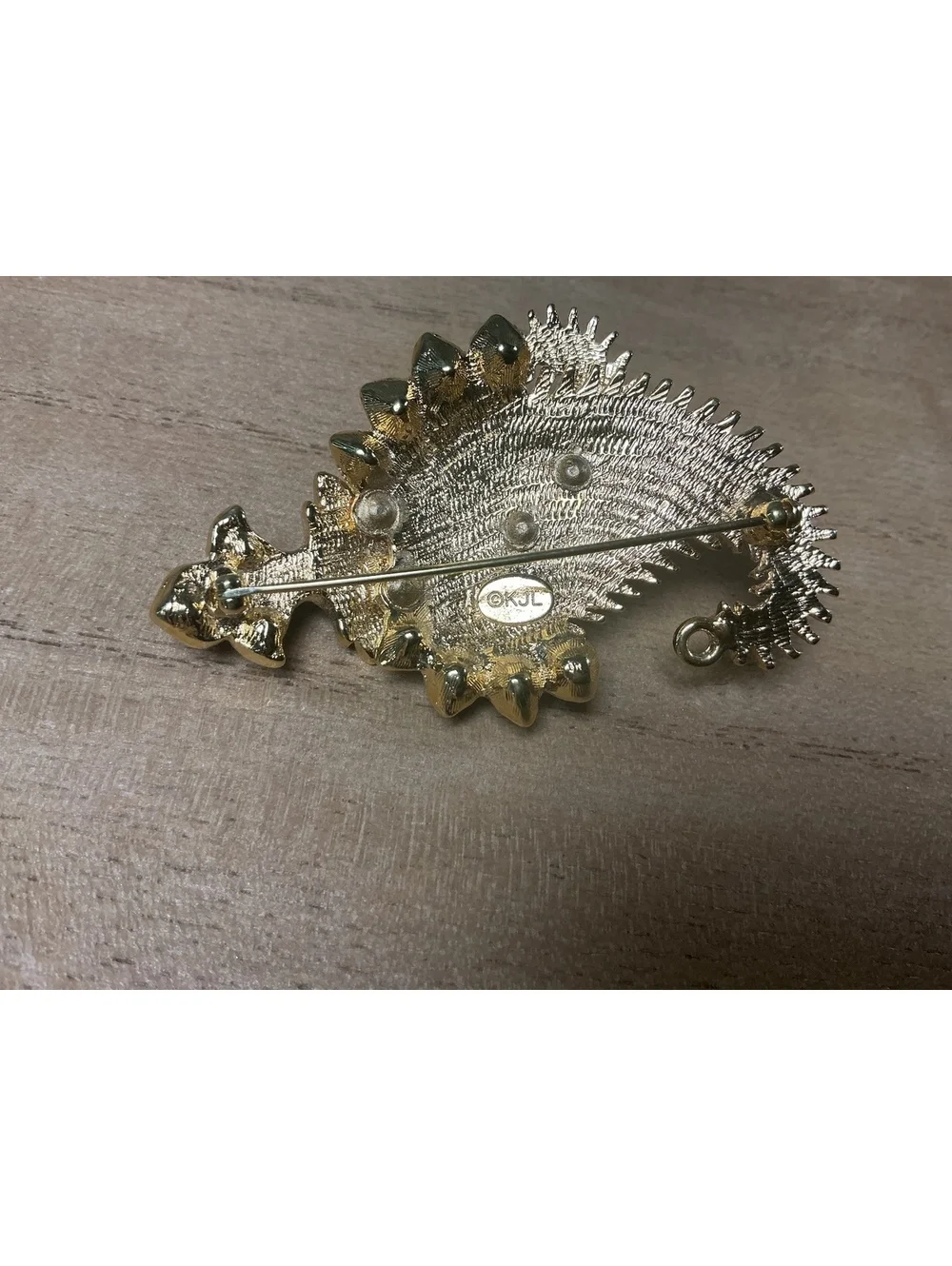 KJL Vintage Gold Tone Seahorse Brooch with Faux Pearls and Rhinestones